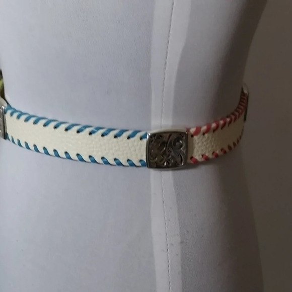 Brighton White Leather Belt Whipstitched‎ with various colors silver hard S/M - Picture 3 of 9